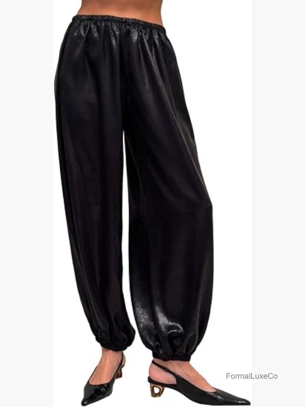 Satin Harem Pants Elastic Waist Wide Leg Silk Trousers Flowy Baggy Casual